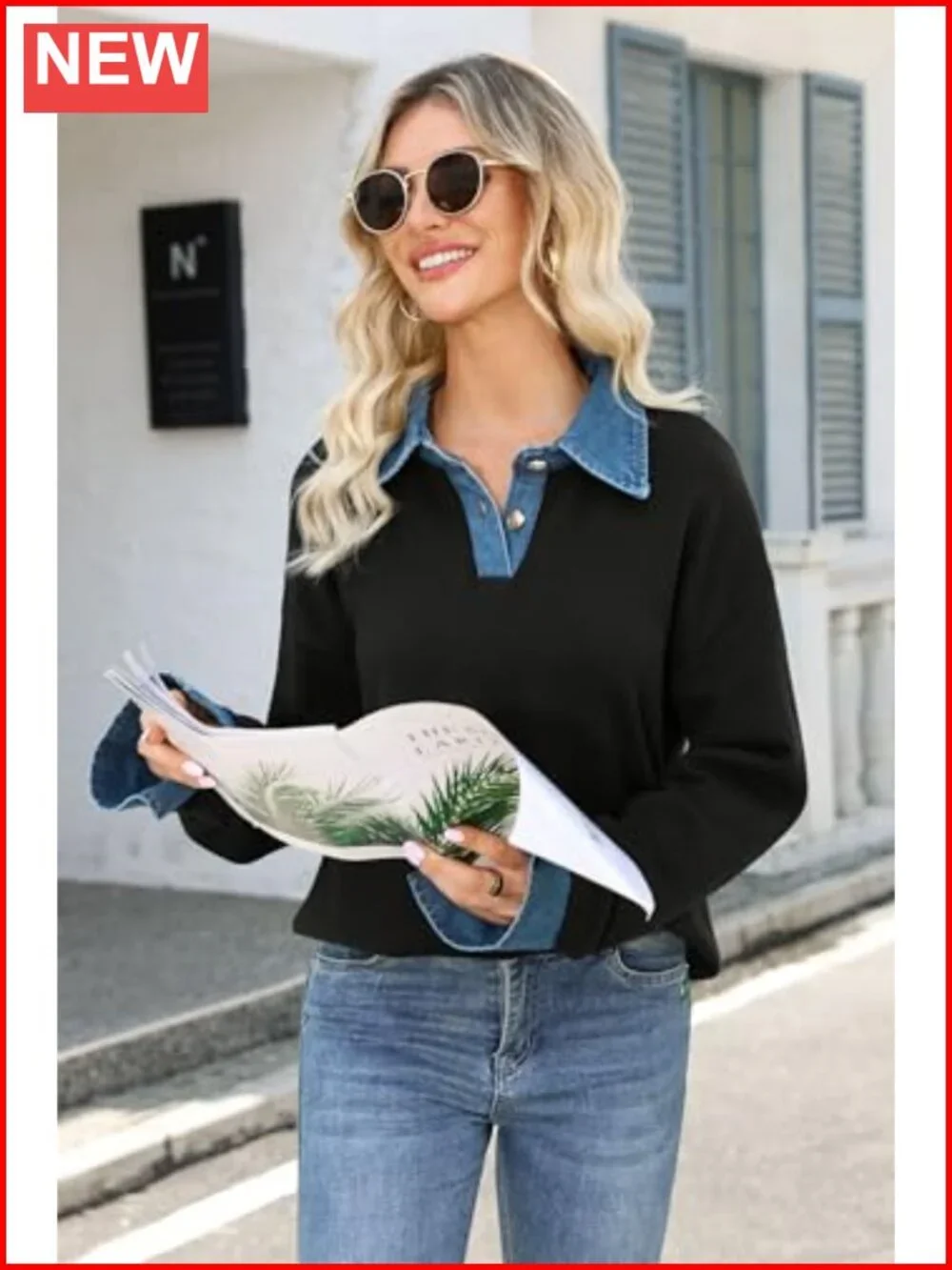 Oversized Knit Sweater Denim Polo Collared V-Neck Pullover
